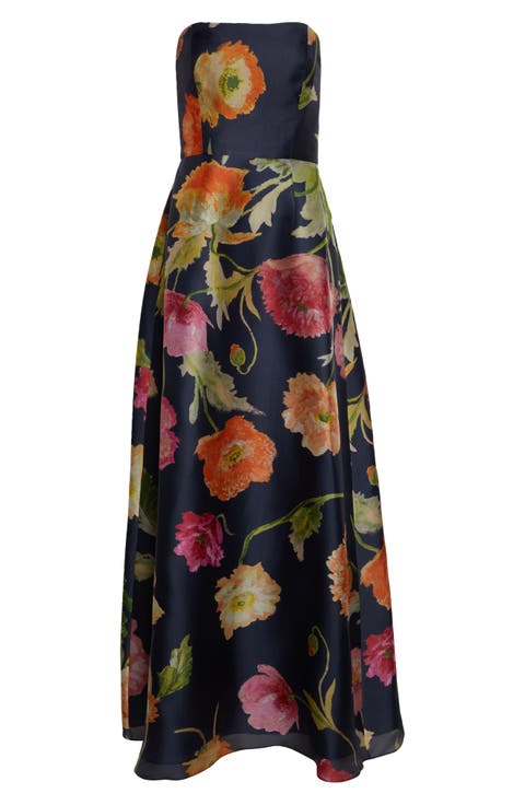 Poppy Print Strapless Silk Gown