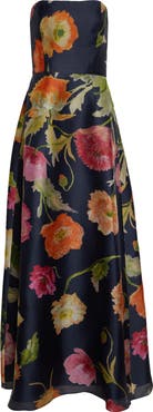 Carolina Herrera Poppy Print Strapless Silk Gown