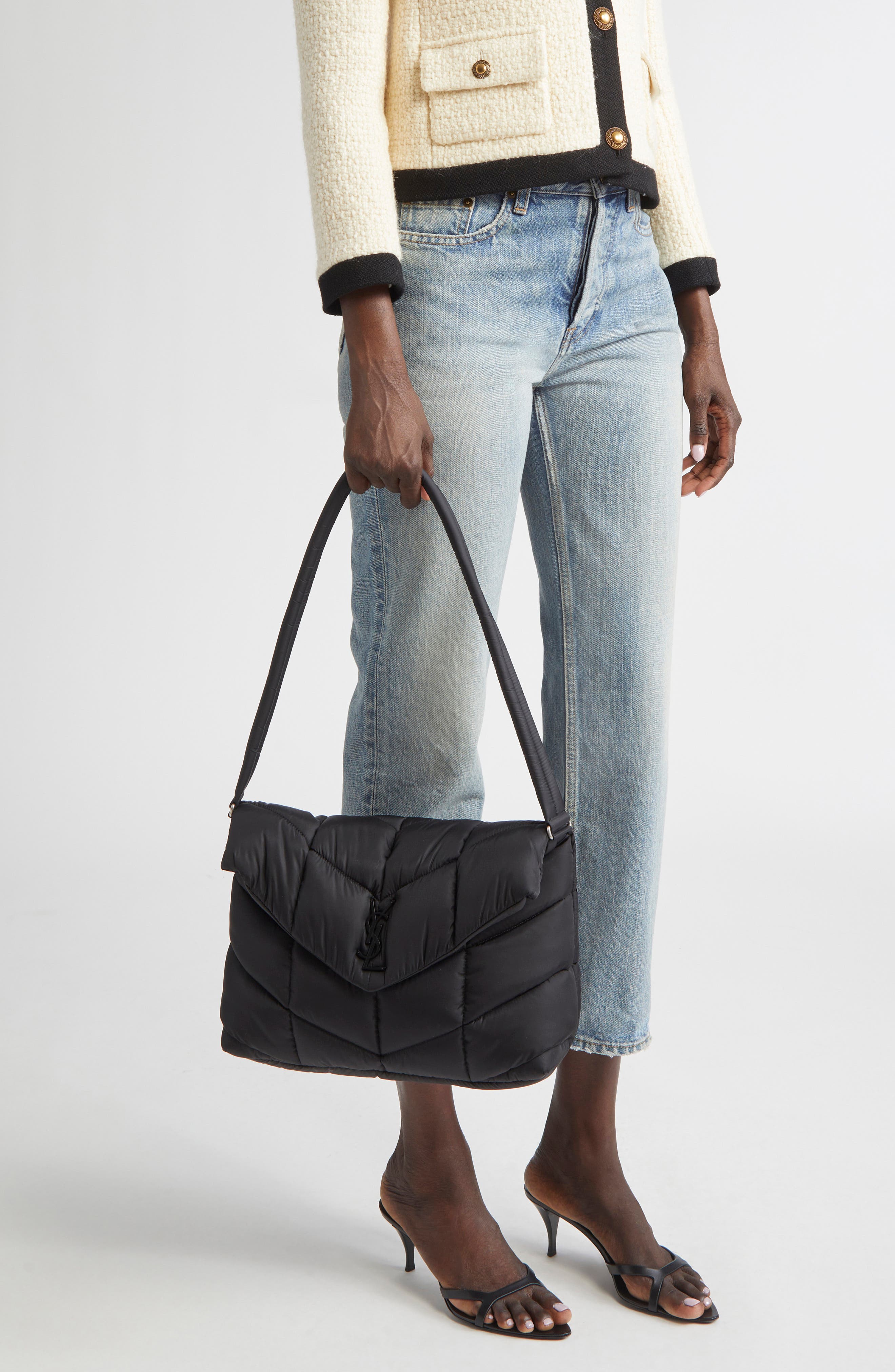 Saint Laurent Medium Puffer ECONYL<sup>®</sup> Regenerated Nylon Messenger Bag, Alternate, color, Black