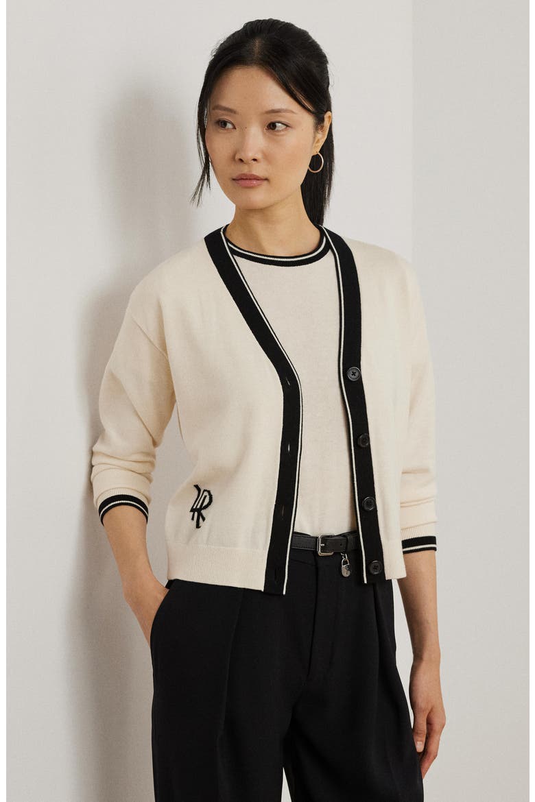 Two-Tone Cotton Blend Cardigan, Alternate, color, MASCARPONE CREAM/ BLACK