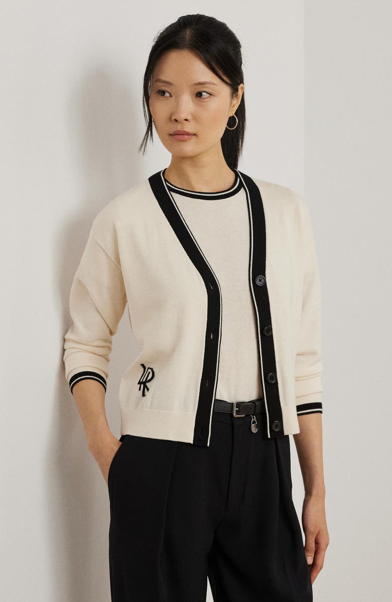 Lauren Ralph Lauren Two-Tone Cotton Blend Cardigan, Alternate, color, 