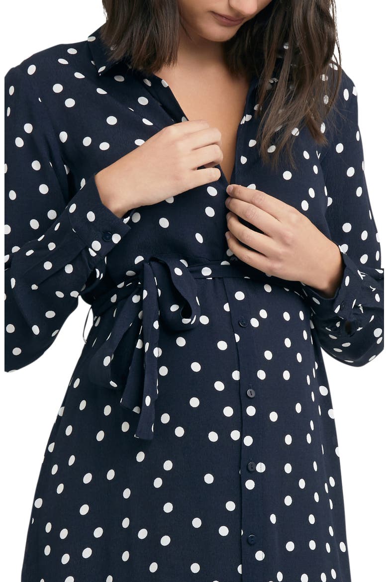 Spotted Long Sleeve Tie Waist Maternity Shirtdress, Alternate, color, NAVY