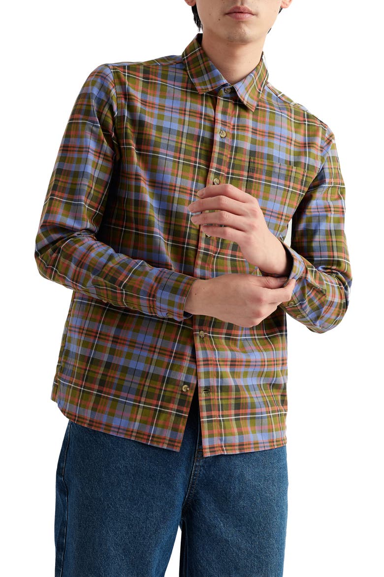 Goosander Plaid Organic Cotton Twill Button-Up Shirt, Main, color, AMANITA MULTI