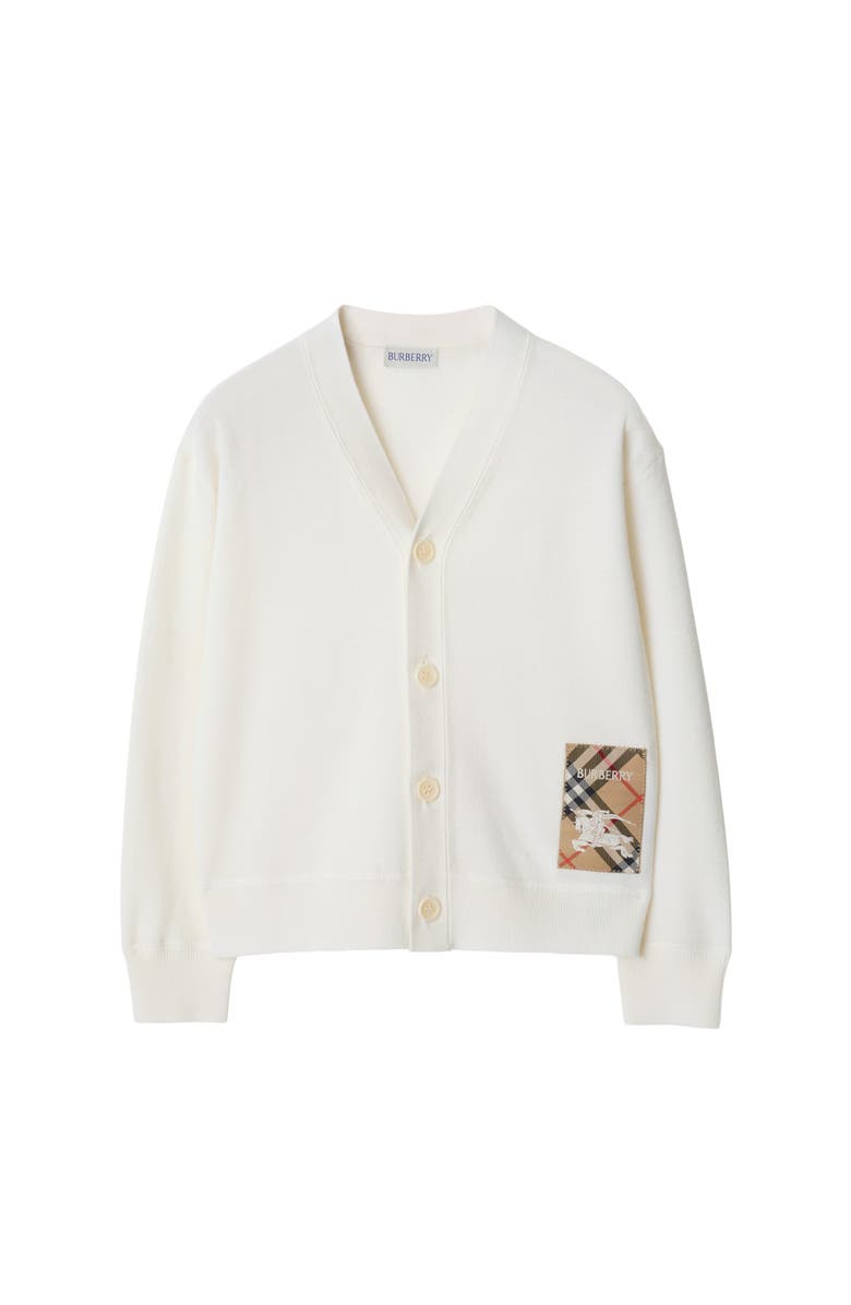 Burberry Check Label Wool Cardigan, Main, color, Ivory