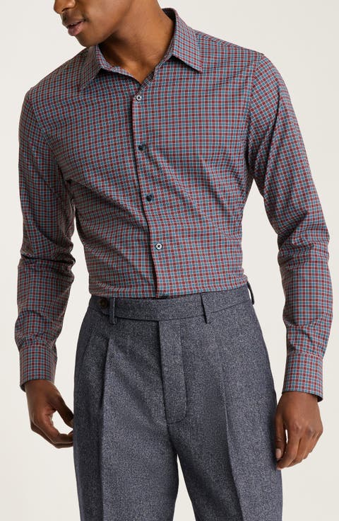 Slim Fit Tech Check Performance Button-Up Shirt