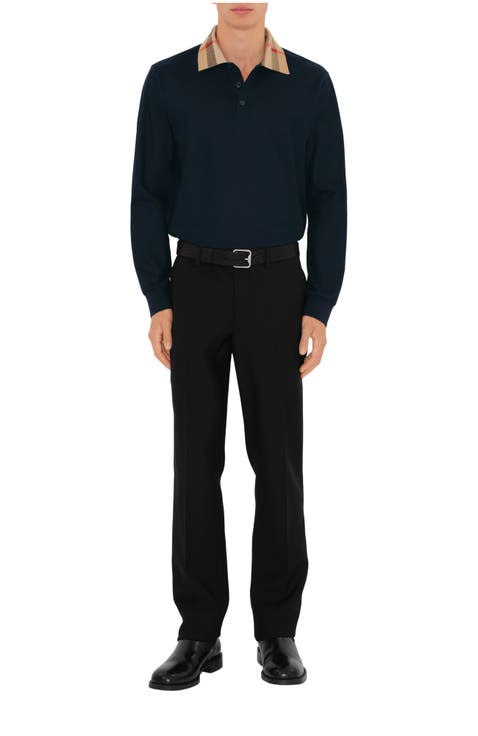 Long-sleeve Check Collar Cotton Polo Shirt