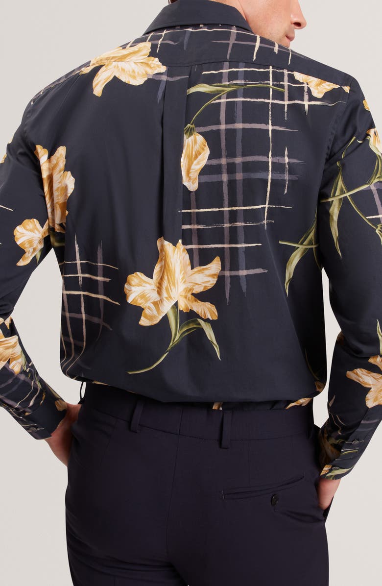 Ted Baker Quorik Floral Print Button-Up Shirt, Alternate, color, Navy