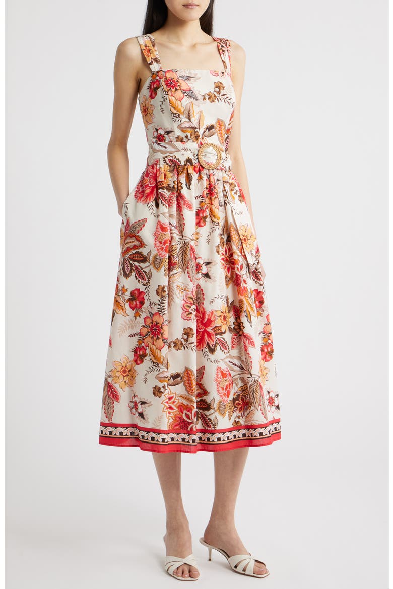 Floral Print Midi Sundress, Main, color, ALMOND KHAKI/ RED