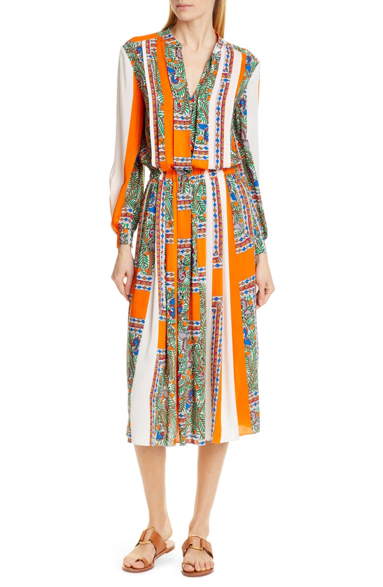 Tory Burch Long Sleeve Print Midi Dress, Main, color, 