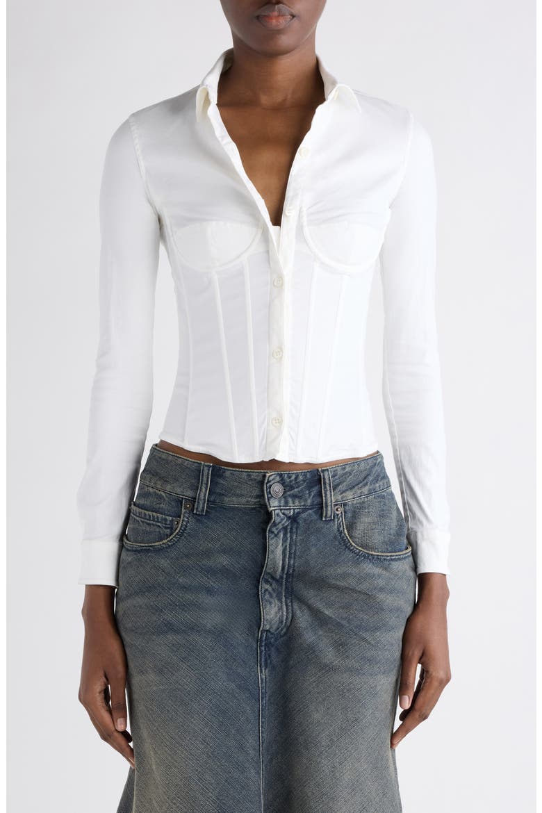 Corseted Stretch Poplin Button-Up Shirt, Main, color, 9000 WHITE
