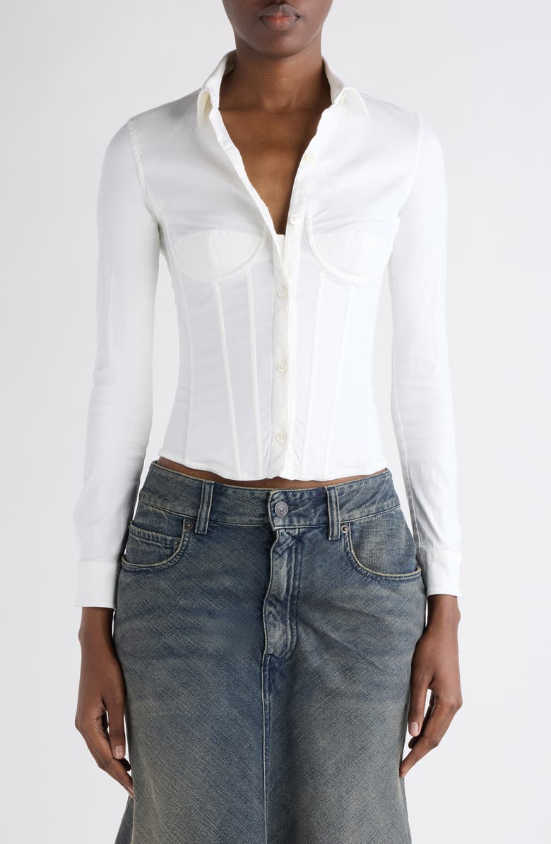 Balenciaga Corseted Stretch Poplin Button-Up Shirt, Main, color, 9000 White