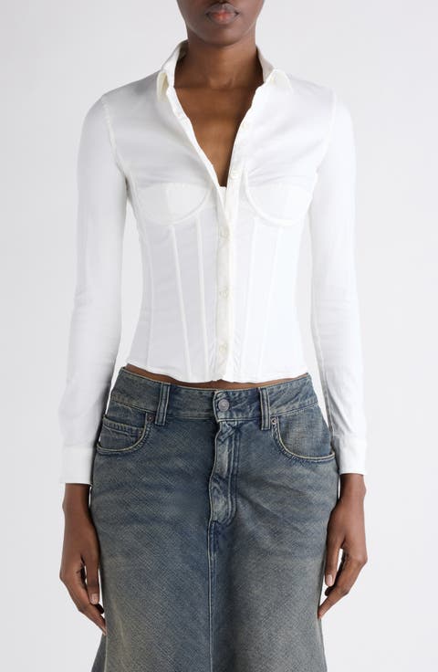 Corseted Stretch Poplin Button-Up Shirt