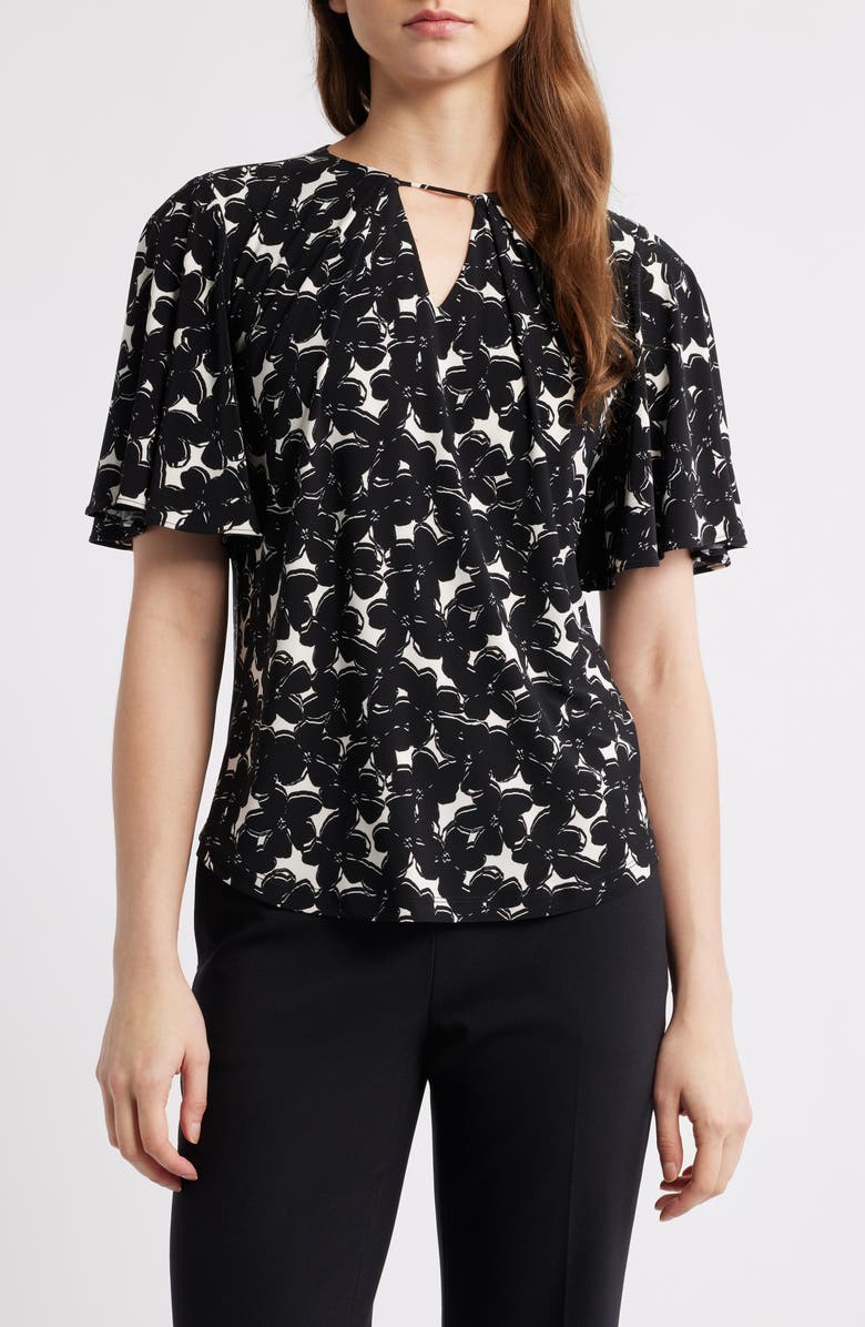 Anne Klein Floral Print Pleat Neck Top, Main, color, Anne Black/ White Dove