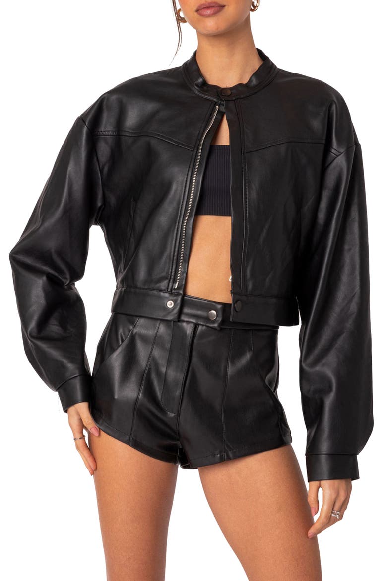 Ramona Crop Faux Leather Jacket, Main, color, BLACK