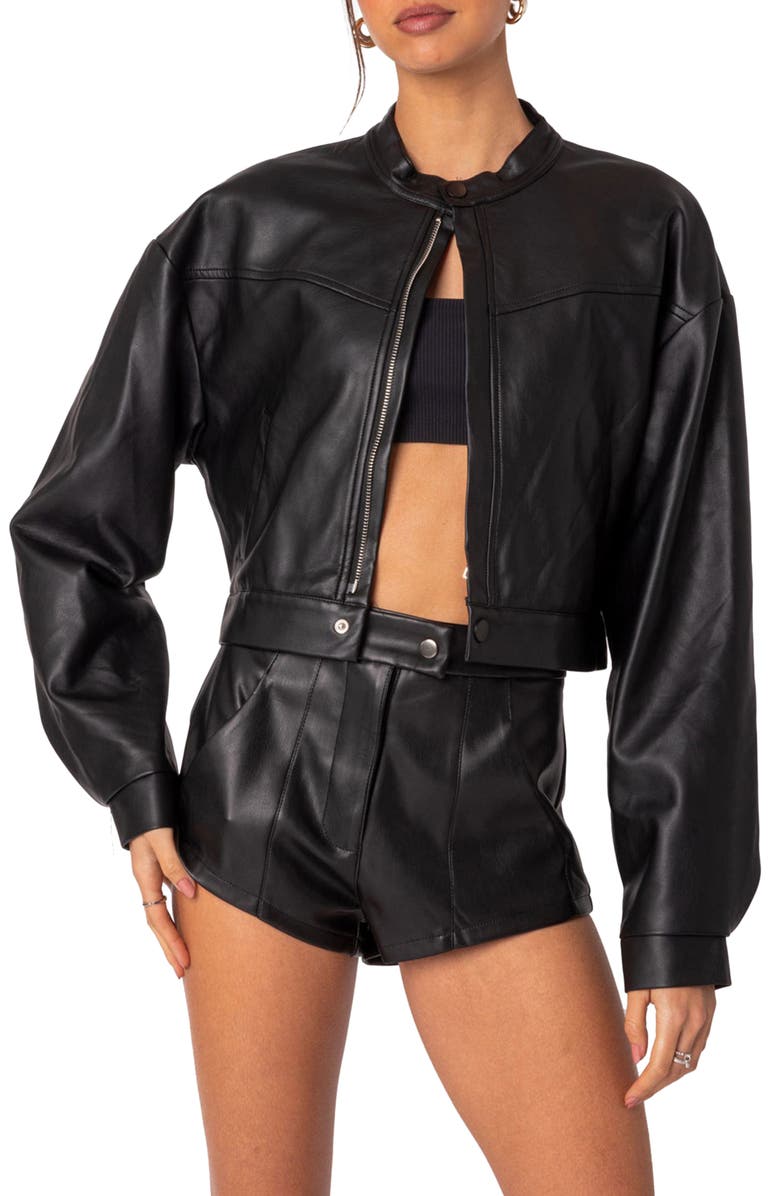 EDIKTED Ramona Crop Faux Leather Jacket, Main, color, Black