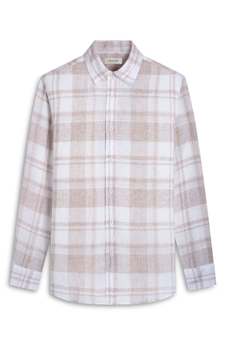 Bugatchi Julian Plaid Slub Linen Button-Up Shirt, Alternate, color, Sand