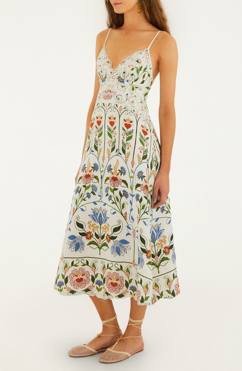FARM Rio Garden Embroidered Linen Midi Sundress, Alternate, color, Off-White