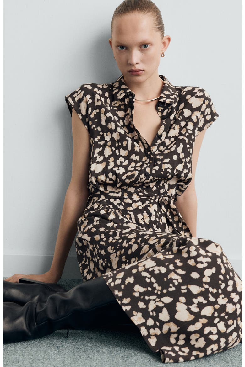 Printed Tie Belt Shirtdress, Alternate, color, BROWN