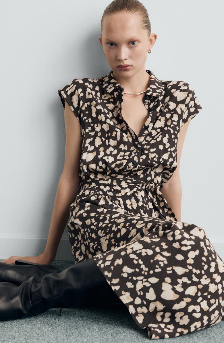 MANGO Printed Tie Belt Shirtdress, Alternate, color, Brown