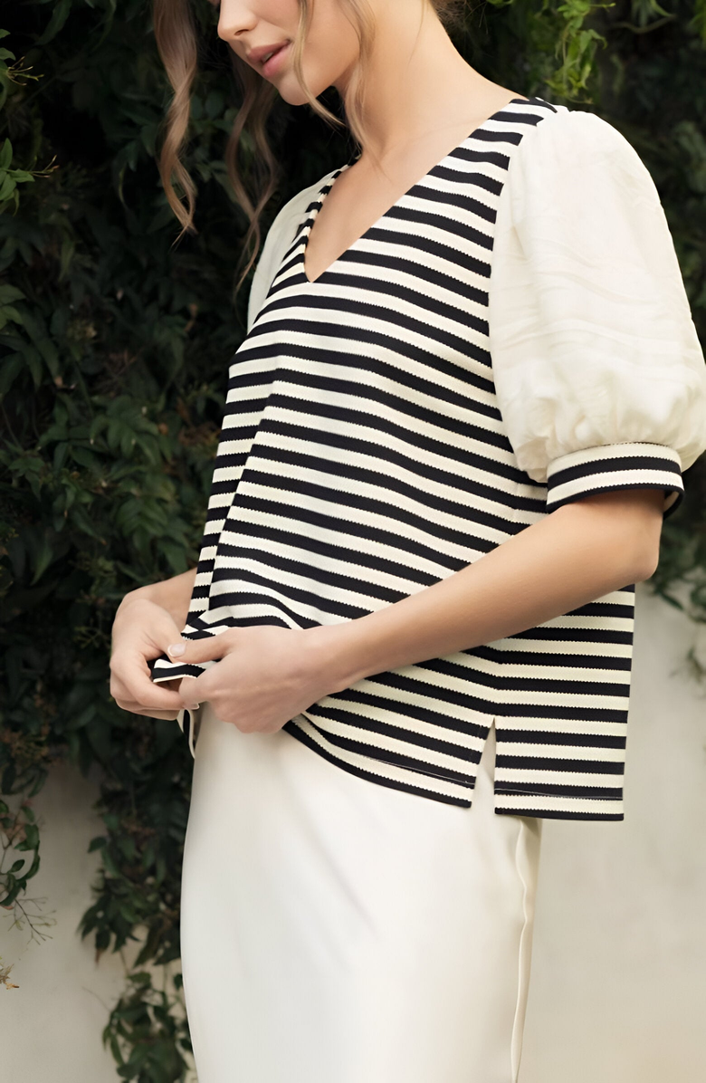 Knit and Lounge Puff Sleeve V-Neck Knit Top, Alternate, color, Black / Off-White Stripes