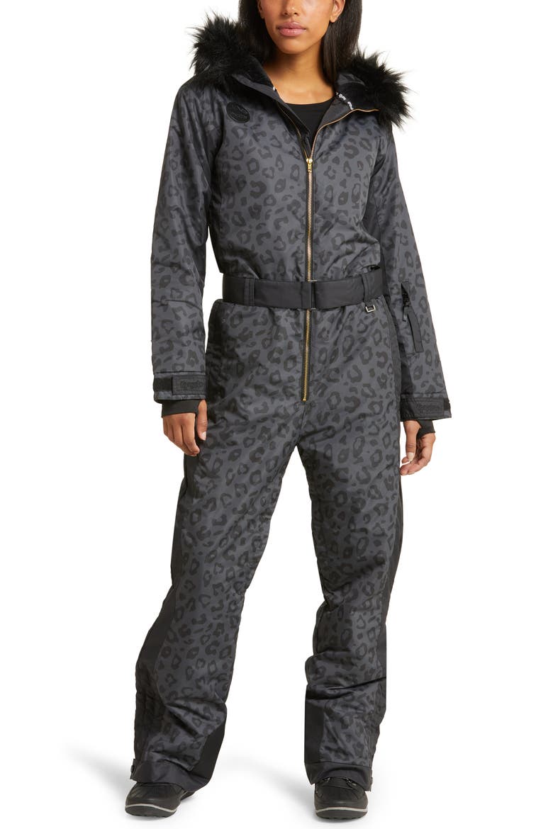 Midnight Leopard Waterproof Snowsuit, Main, color, BLACK