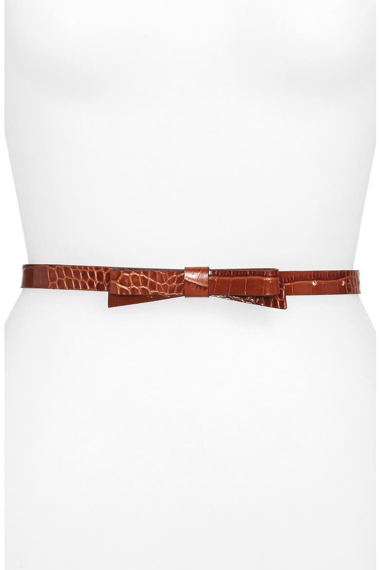 croc embossed skinny bow belt, Main, color, TOBACCO