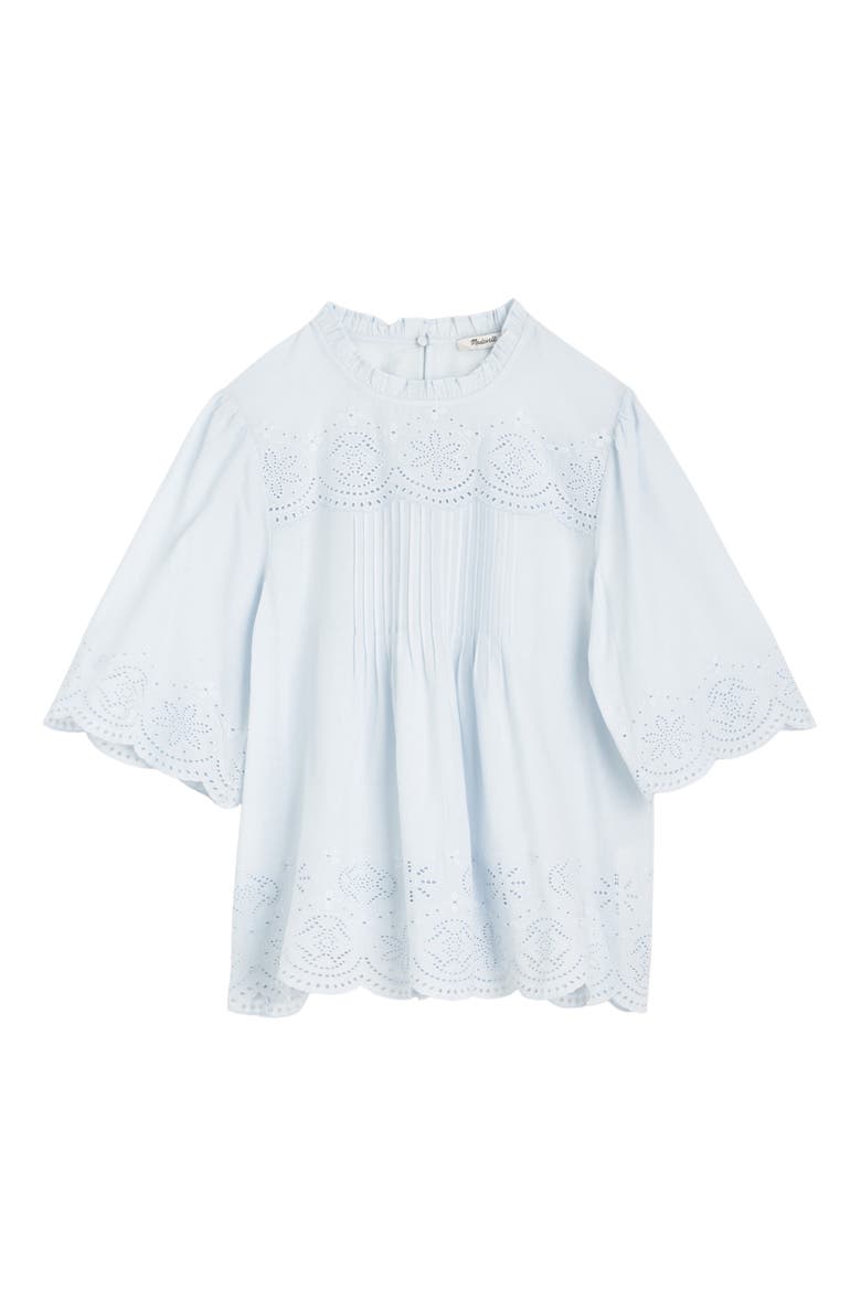 Embroidered Pintuck High Neck Cotton Voile Top, Alternate, color, SOFT BLUE