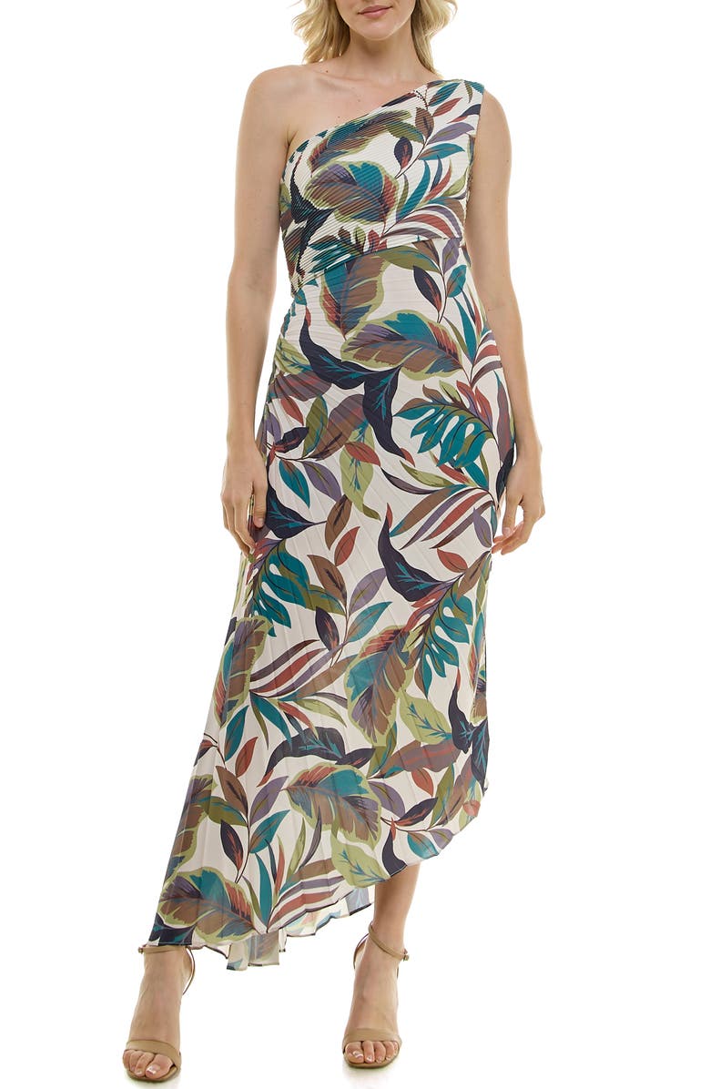 Nicole Miller Pleated One-Shoulder Dress, Main, color, Ivory Multi