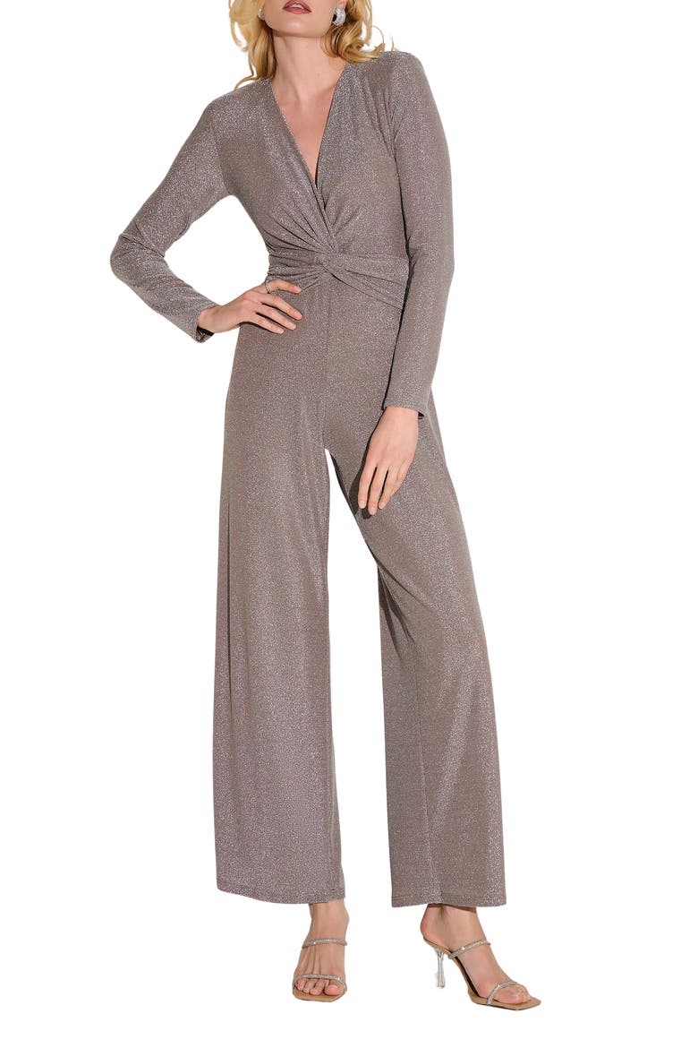 Twist Front Metallic Long Sleeve Jumpsuit, Main, color, TAUPE