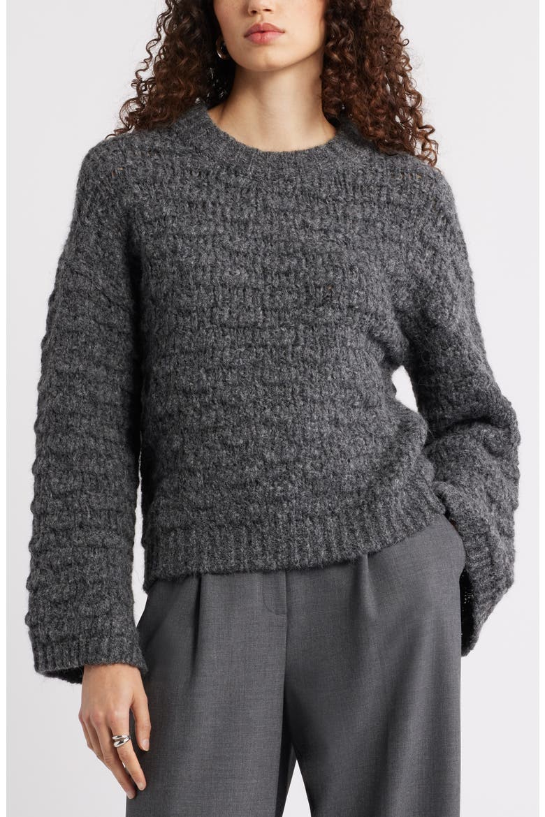 Open Stitch Crewneck Sweater, Main, color, GREY DARK CHARCOAL HEATHER