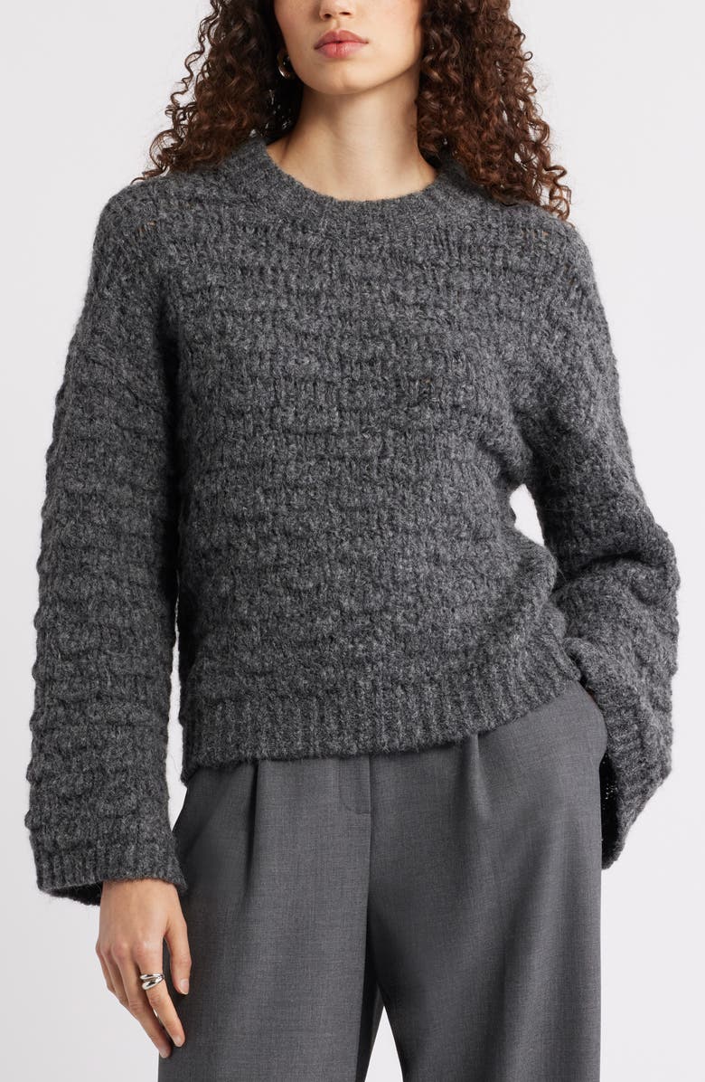Nordstrom Open Stitch Crewneck Sweater, Main, color, Grey Dark Charcoal Heather
