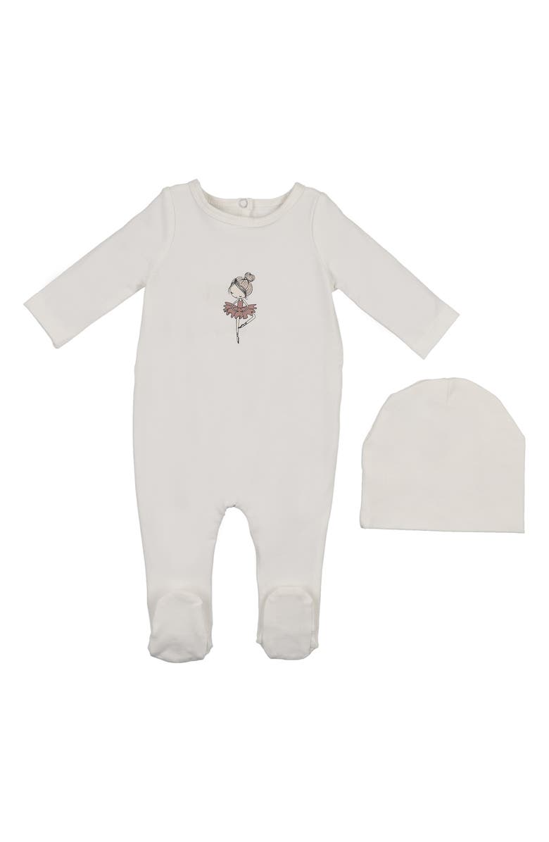 Manière Ballerina Print Cotton Blend Footie & Beanie Set, Main, color, Off White