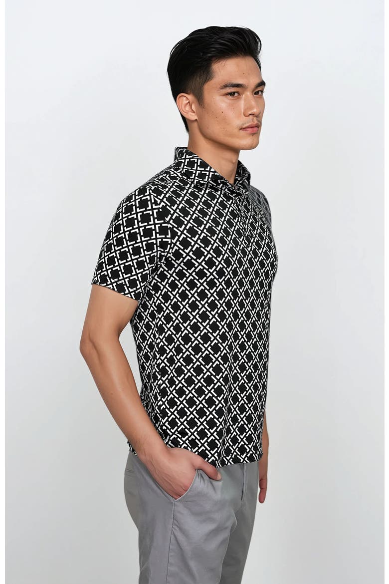 Wrinkle Resistant 3 Button Geometric Black Polo Shirt, Alternate, color, Black Multi