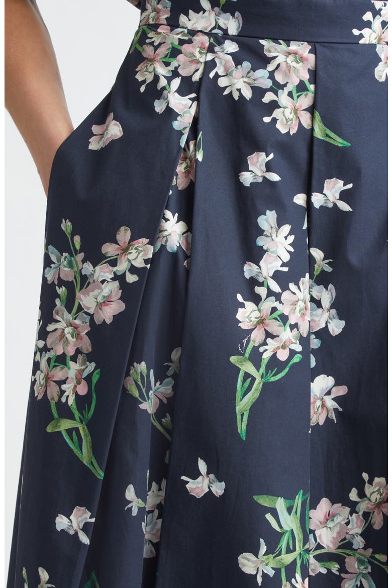 Floral Pleated Organic Cotton Poplin Midi Skirt, Alternate, color, PAINTED ORCHID NAVY