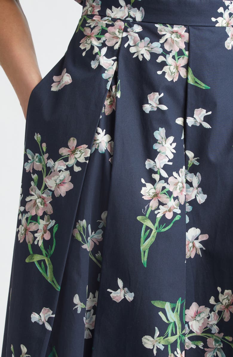 Erdem Floral Pleated Organic Cotton Poplin Midi Skirt, Alternate, color, Painted Orchid Navy