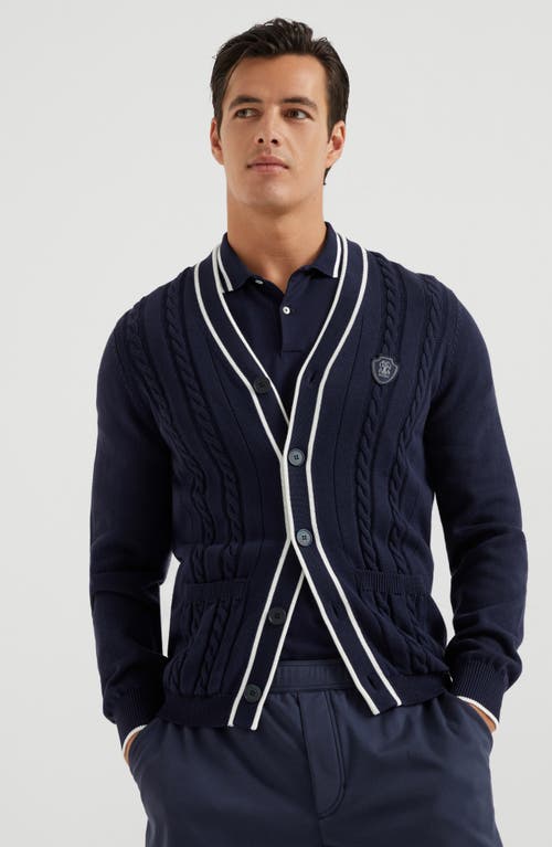 Brunello Cucinelli Cotton Knit Tennis Cardigan In Navy Blue