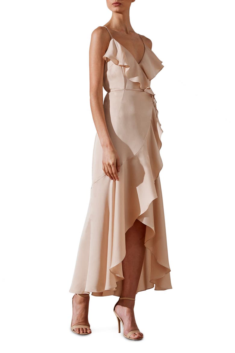 Luxe Ruffle Trim Wrap Gown, Alternate, color, CHAMPAGNE