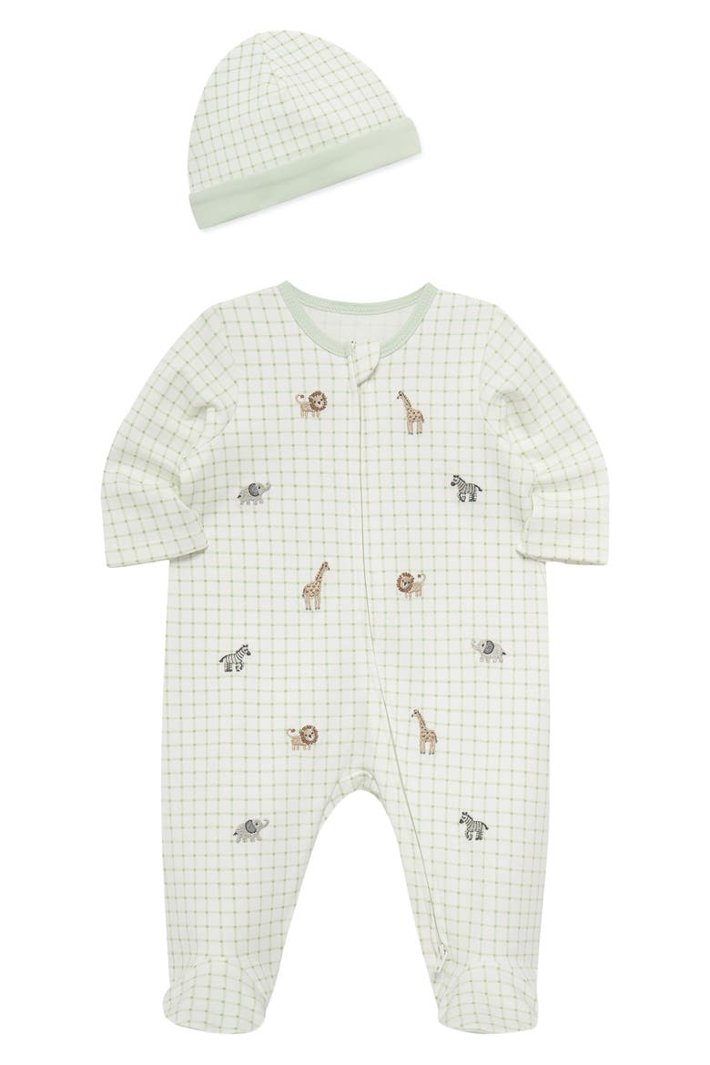 Jungle Grid Embroidered Cotton Footie & Hat Set (Nordstrom Exclusive), Alternate, color, GREEN/WHITE