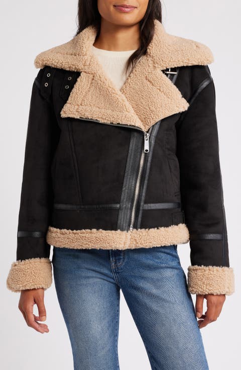 Notched Lapel Faux Shearling & Faux Suede Jacket