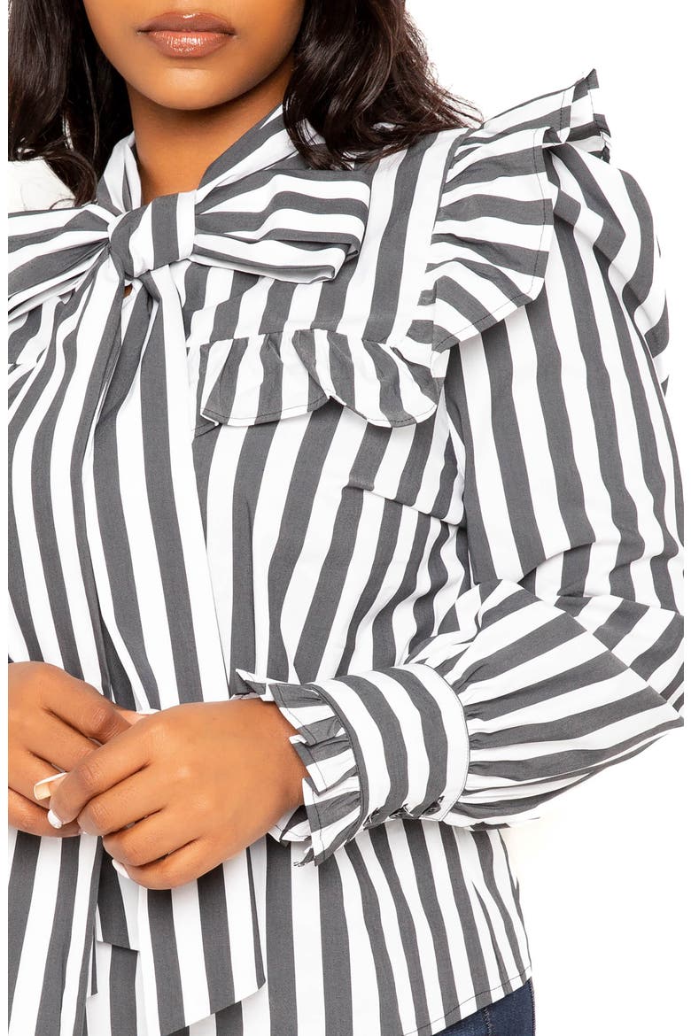 Stripe Ruffle Bow Neck Shirt, Alternate, color, BLACK