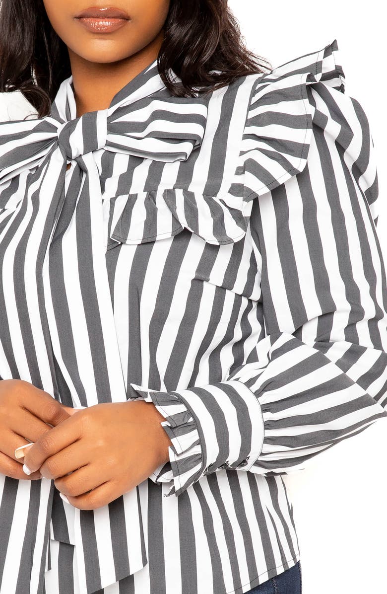 BUXOM COUTURE Stripe Ruffle Bow Neck Shirt, Alternate, color,