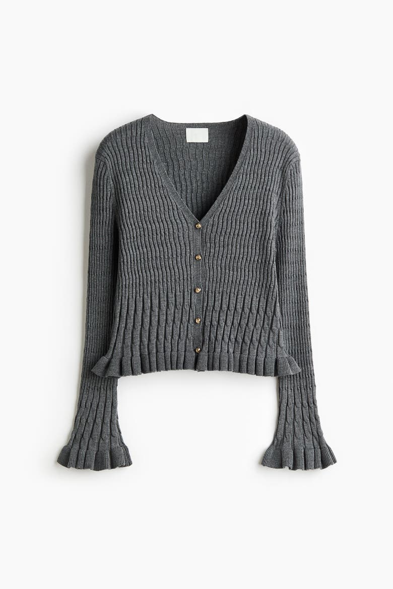 Ruffle-Trimmed V-Neck Cardigan, Alternate, color, Gray melange