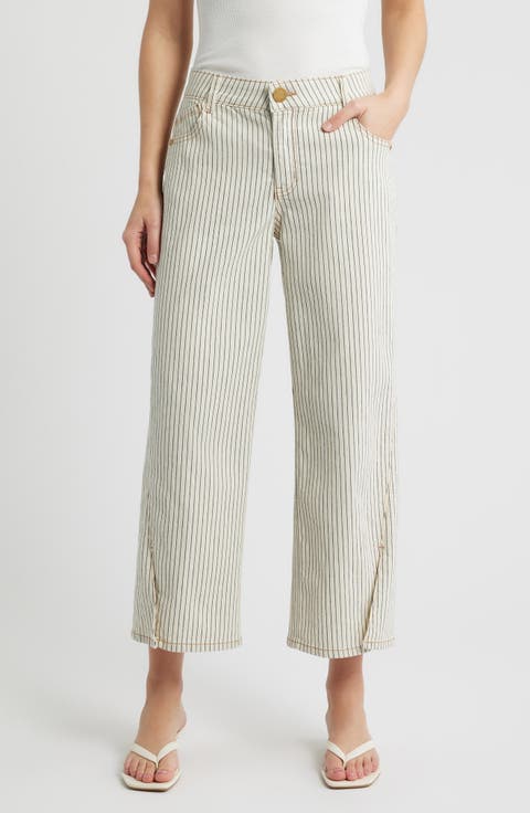 Sam Stripe High Waist Ankle Wide Leg Jeans (Blanched Almond/Navy)