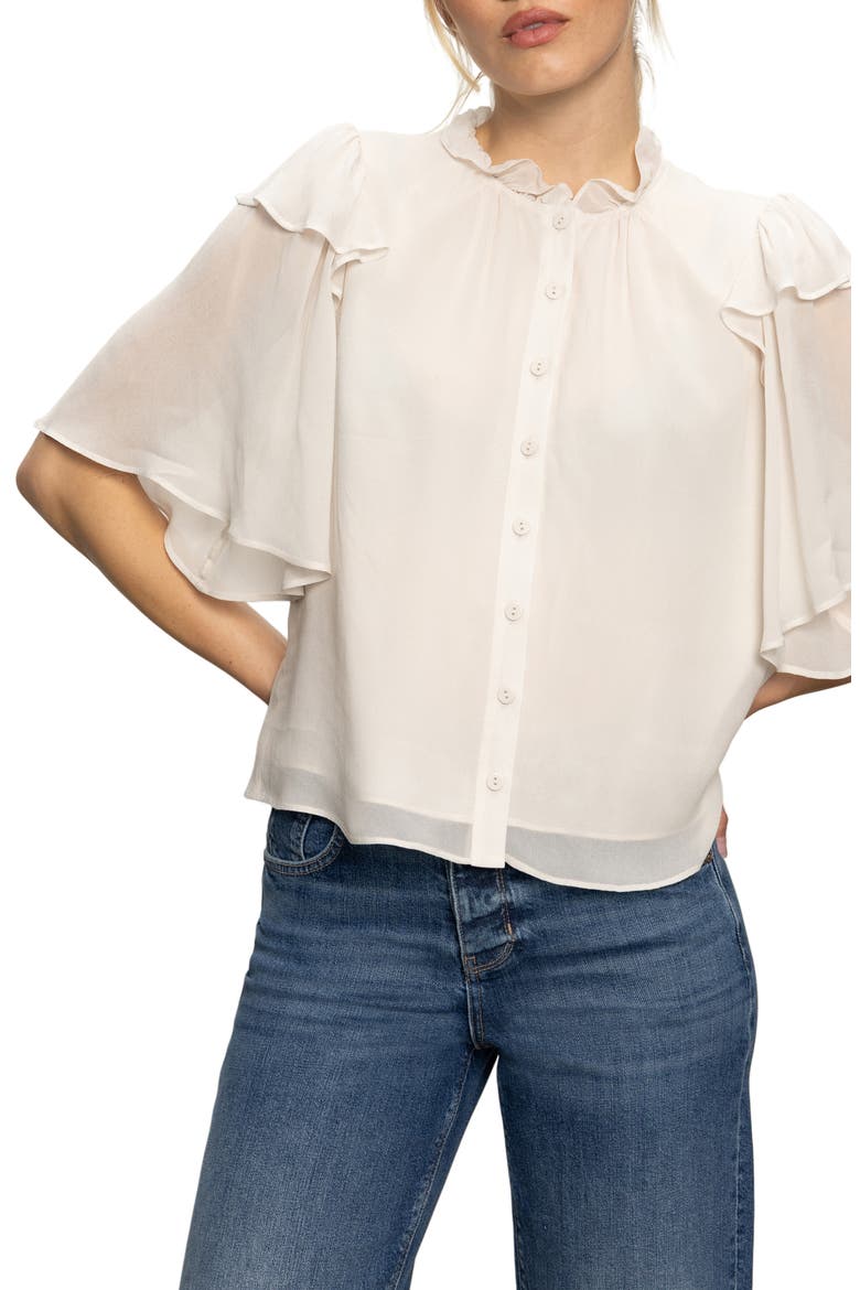 Deja Vu Ruffle Flutter Sleeve Button-Up Shirt, Alternate, color, LIGHT OAT BEIGE