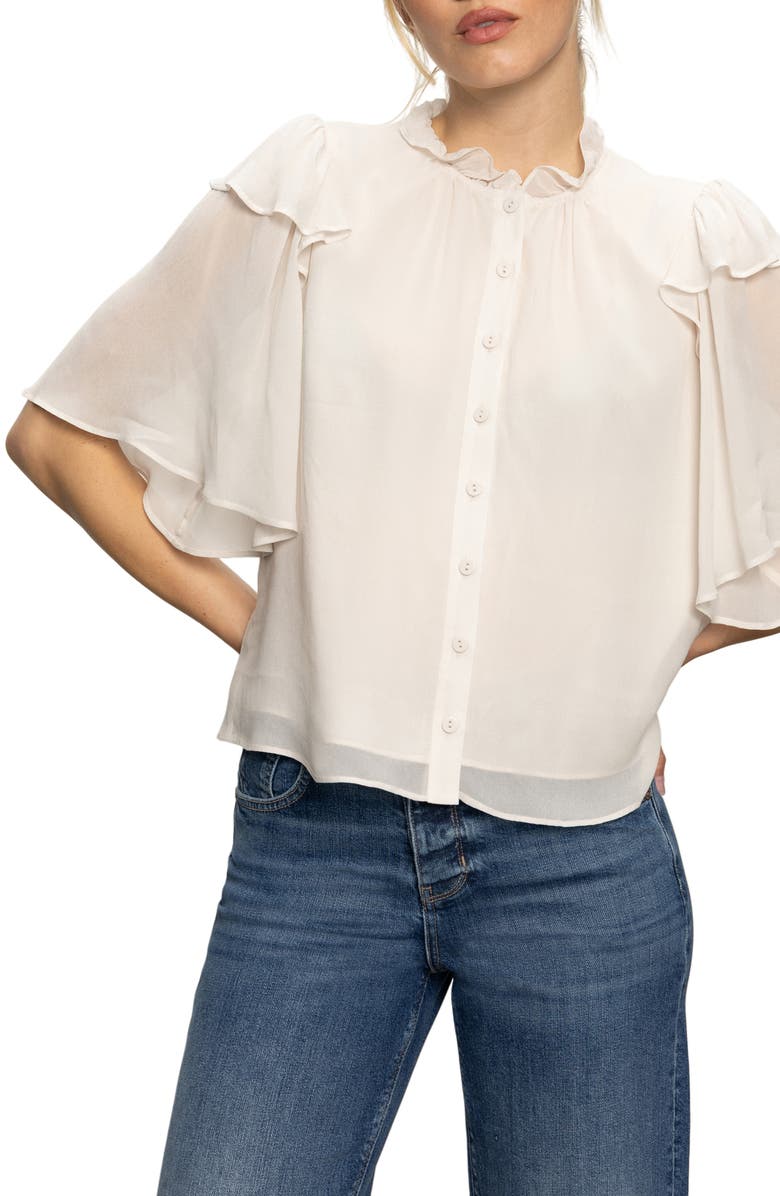 Sanctuary Deja Vu Ruffle Flutter Sleeve Button-Up Shirt, Alternate, color, Light Oat Beige