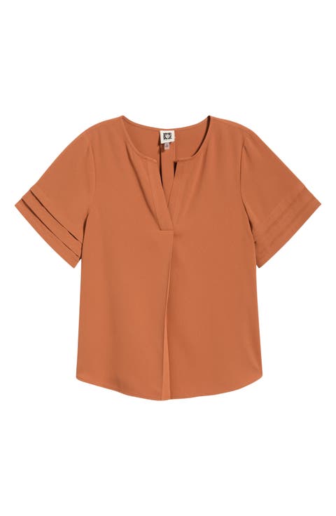 Pleated Split Neck Top (Petite)