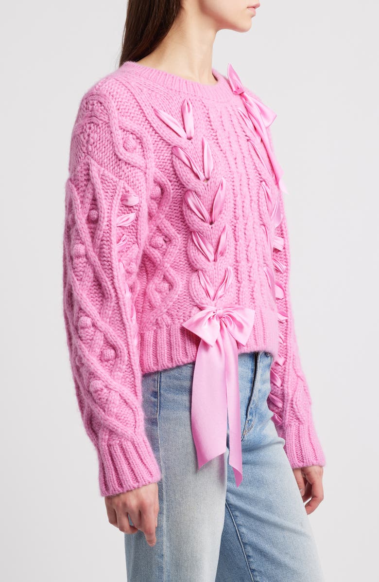 LoveShackFancy Parson Ribbon Detail Alpaca Blend Cable Sweater, Alternate, color,