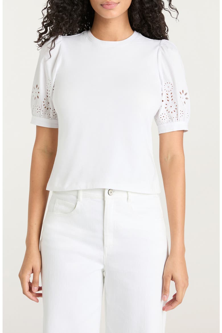 Embroidered Eyelet Mixed Media Cotton Top, Main, color, WHITE/ WHITE