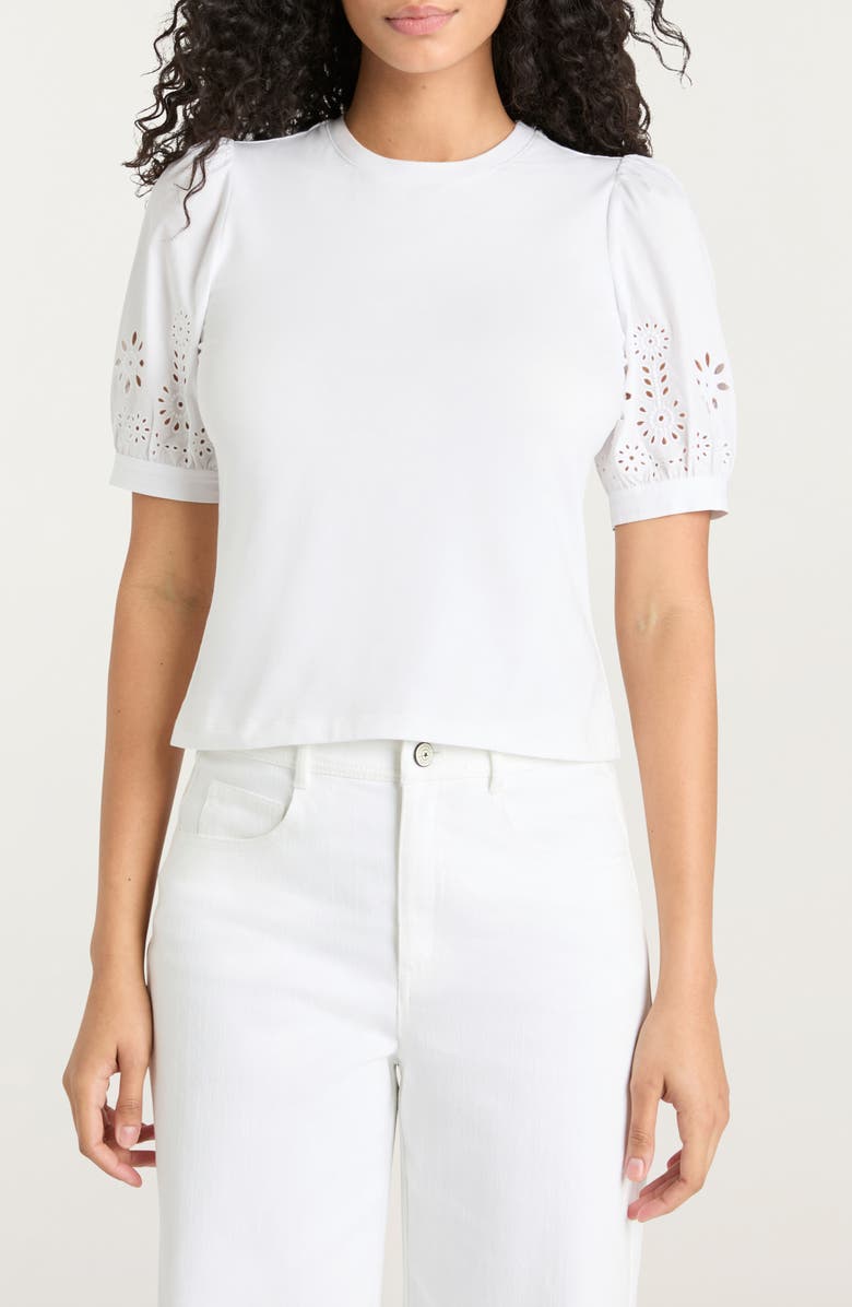 Cinq à Sept Embroidered Eyelet Mixed Media Cotton Top, Main, color, White/ White