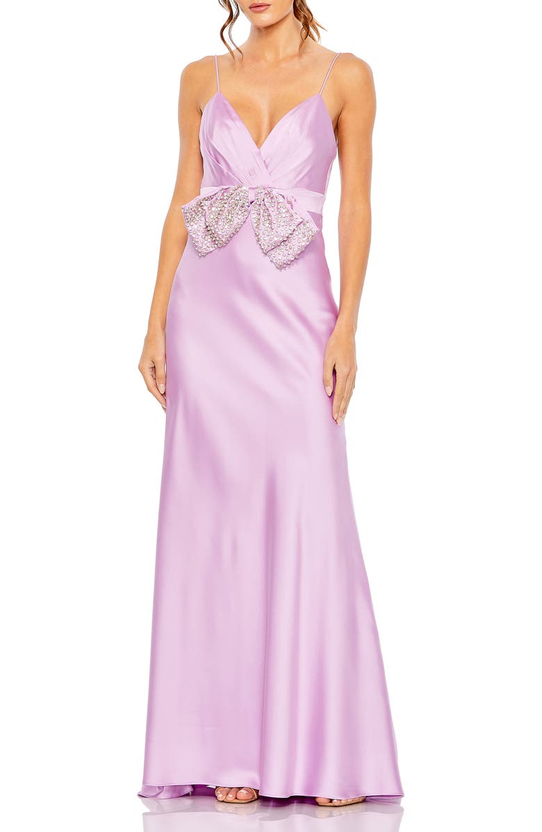 Mac Duggal Rhinestone Bow Cami Draped Trumpet Gown, Main, color, Lilac